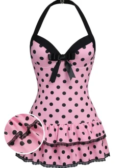 Best Retro Stage [US Warehouse] 1940s Halter Polka Dots Bow Swimsuit
