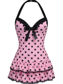 Best Retro Stage [US Warehouse] 1940s Halter Polka Dots Bow Swimsuit