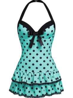 Best Retro Stage [US Warehouse] 1940s Halter Polka Dots Bow Swimsuit
