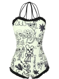 Online Retro Stage [US Warehouse] 1960s Halter Printed Ruffles One-Piece Swimsuit Black