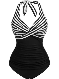 Hot Retro Stage [US Warehouse] 1950s Halter Stripes One-Piece Swimsuit