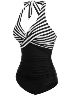 Hot Retro Stage [US Warehouse] 1950s Halter Stripes One-Piece Swimsuit