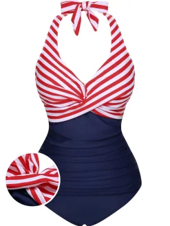 Hot Retro Stage [US Warehouse] 1950s Halter Stripes One-Piece Swimsuit