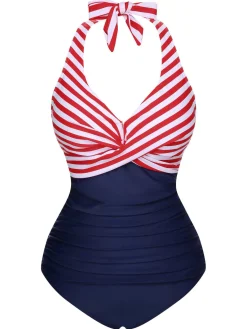Hot Retro Stage [US Warehouse] 1950s Halter Stripes One-Piece Swimsuit
