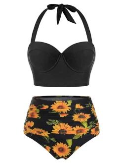 New Retro Stage [US Warehouse] 1950s Halter Sunflower Pleated Bikini Set