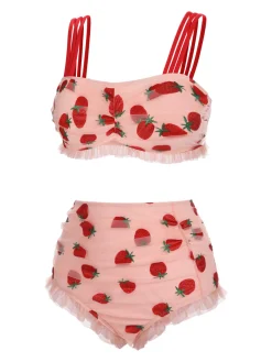 Hot Retro Stage [US Warehouse] 1950s Lace Strawberry Cami Tankini Set