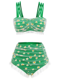 Hot Retro Stage [US Warehouse] 1950s Lace Strawberry Cami Tankini Set