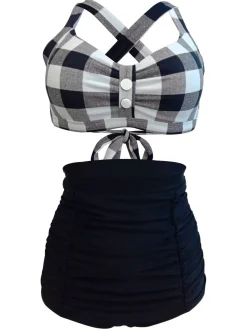 Discount Retro Stage [US Warehouse] 1950s Plaid Criss Cross Pleated Bikini