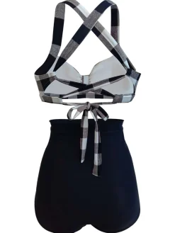 Discount Retro Stage [US Warehouse] 1950s Plaid Criss Cross Pleated Bikini