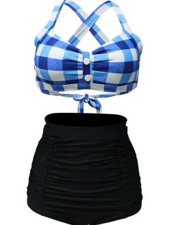 Discount Retro Stage [US Warehouse] 1950s Plaid Criss Cross Pleated Bikini