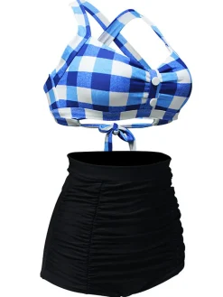 Discount Retro Stage [US Warehouse] 1950s Plaid Criss Cross Pleated Bikini