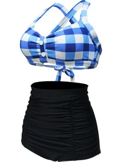 Discount Retro Stage [US Warehouse] 1950s Plaid Criss Cross Pleated Bikini