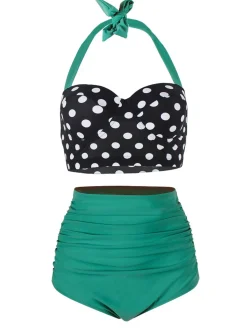 Discount Retro Stage [US Warehouse] 1950s Polka Dot Halter Pleated Bikini