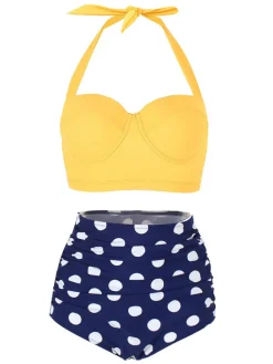 Discount Retro Stage [US Warehouse] 1950s Polka Dot Halter Pleated Bikini