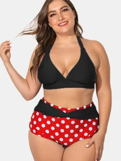 Best Retro Stage [US Warehouse] 1950s Polka Dot Pleated Halter Bikini