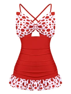 Best Retro Stage [US Warehouse] 1930s Polka Dot Bowknot Patchwork Swimsuit Red