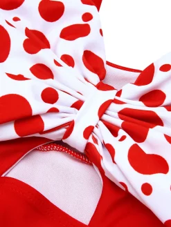 Best Retro Stage [US Warehouse] 1930s Polka Dot Bowknot Patchwork Swimsuit Red