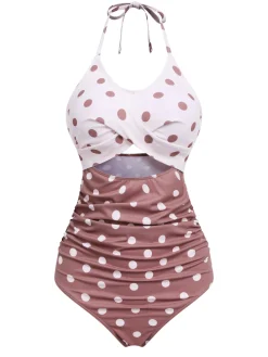 Clearance Retro Stage [US Warehouse] 1940s Polka Dots Patchwork One-piece Swimsuit White & Brown