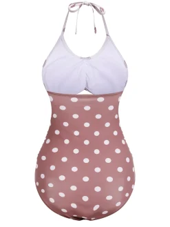 Clearance Retro Stage [US Warehouse] 1940s Polka Dots Patchwork One-piece Swimsuit White & Brown