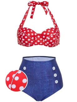 Best Retro Stage [US Warehouse] 1950s Retro Polka Dot Halter Bikini Swimsuit Red