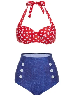 Best Retro Stage [US Warehouse] 1950s Retro Polka Dot Halter Bikini Swimsuit Red