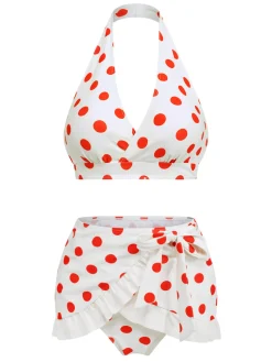 Hot Retro Stage [US Warehouse] 1950s Retro Polka Dots Bikini Set & Apron White & Red