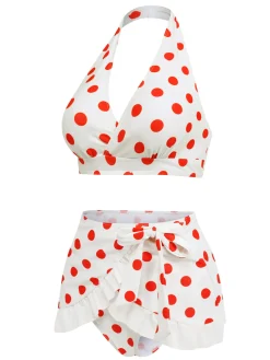 Hot Retro Stage [US Warehouse] 1950s Retro Polka Dots Bikini Set & Apron White & Red