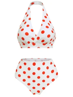 Hot Retro Stage [US Warehouse] 1950s Retro Polka Dots Bikini Set & Apron White & Red