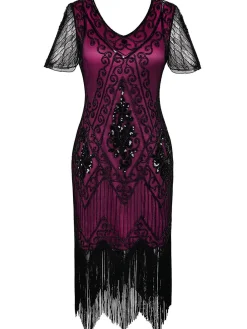 Clearance Retro Stage [US Warehouse] 1920s Sequin Art Deco Flapper Dress Rose red