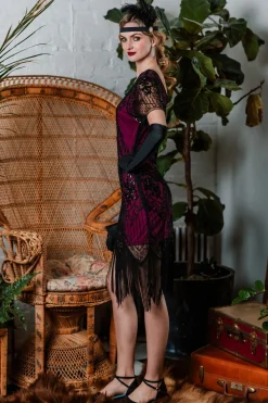 Clearance Retro Stage [US Warehouse] 1920s Sequin Art Deco Flapper Dress Rose red