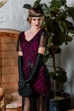 Clearance Retro Stage [US Warehouse] 1920s Sequin Art Deco Flapper Dress Rose red