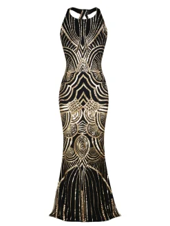 Discount Retro Stage [US Warehouse] 1920s Sequin Backless Formal Dress Gold