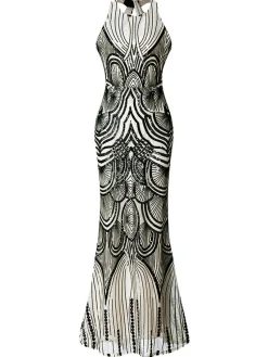 Best Retro Stage [US Warehouse] 1920s Sequin Backless Formal Dress Beige