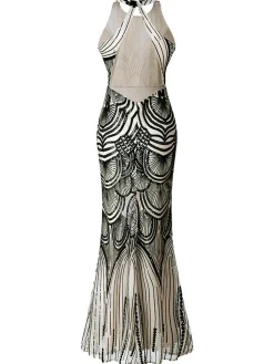 Best Retro Stage [US Warehouse] 1920s Sequin Backless Formal Dress Beige