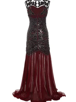 Discount Retro Stage [US Warehouse] 1920s Sequin Gatsby Maxi Dresses Wine Red