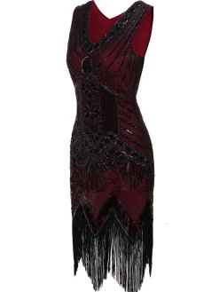 Clearance Retro Stage [US Warehouse] 1920s Sequined Fringe Dress Wine Red