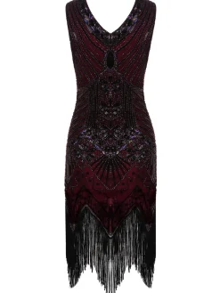 Clearance Retro Stage [US Warehouse] 1920s Sequined Fringe Dress Wine Red