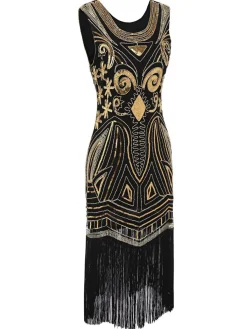 Clearance Retro Stage [US Warehouse] 1920s Sequined Fringe Flapper Dress Gold