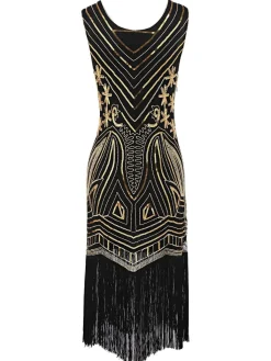 Clearance Retro Stage [US Warehouse] 1920s Sequined Fringe Flapper Dress Gold