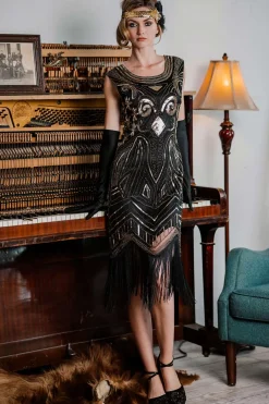 Clearance Retro Stage [US Warehouse] 1920s Sequined Fringe Flapper Dress Gold
