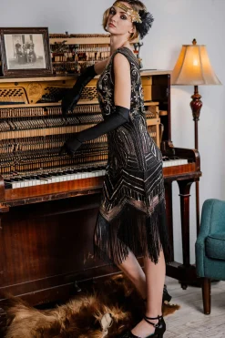 Clearance Retro Stage [US Warehouse] 1920s Sequined Fringe Flapper Dress Gold