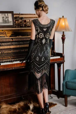 Clearance Retro Stage [US Warehouse] 1920s Sequined Fringe Flapper Dress Gold