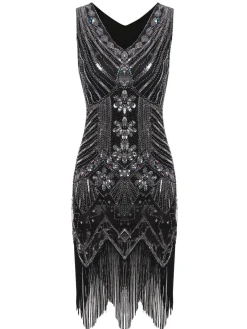 Discount Retro Stage [US Warehouse] 1920s Sequined Fringe Dress Silver