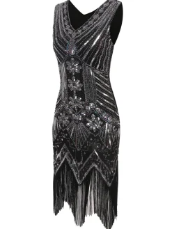 Discount Retro Stage [US Warehouse] 1920s Sequined Fringe Dress Silver