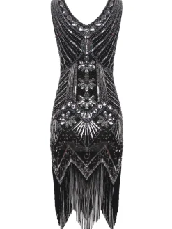 Discount Retro Stage [US Warehouse] 1920s Sequined Fringe Dress Silver