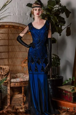 Hot Retro Stage [US Warehouse] 1920s Sequined Maxi Flapper Dress Dark blue