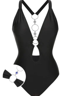 Sale Retro Stage [US Warehouse] 1950s Solid Hollow-out One-Piece Swimsuit