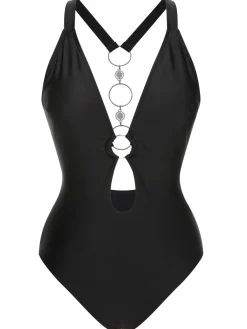 Sale Retro Stage [US Warehouse] 1950s Solid Hollow-out One-Piece Swimsuit