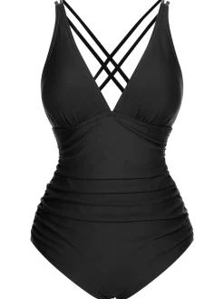 Clearance Retro Stage [US Warehouse] 1950s Solid V-Neck One-Piece Swimsuit
