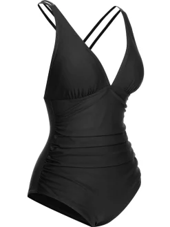 Clearance Retro Stage [US Warehouse] 1950s Solid V-Neck One-Piece Swimsuit